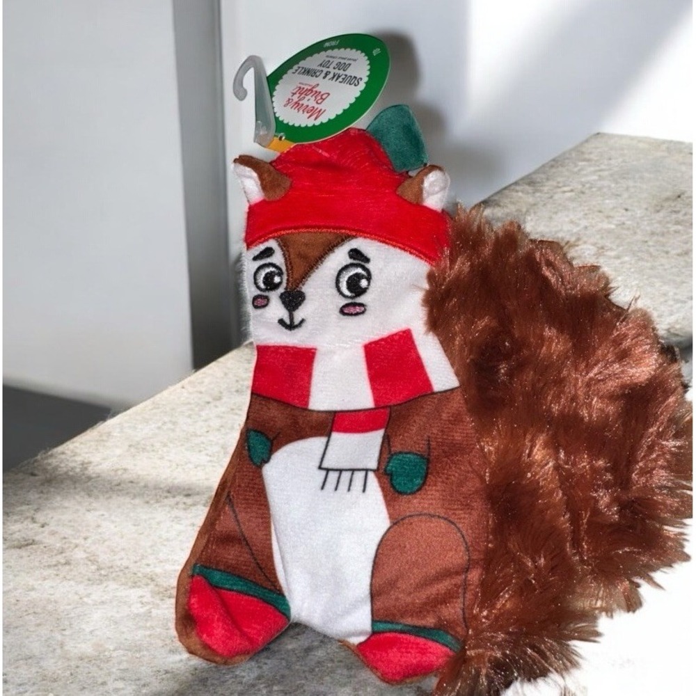 Merry & Bright Christmas SQUIRREL Flattie Small Dog‎ Toy, Crinkle & Squeaker New